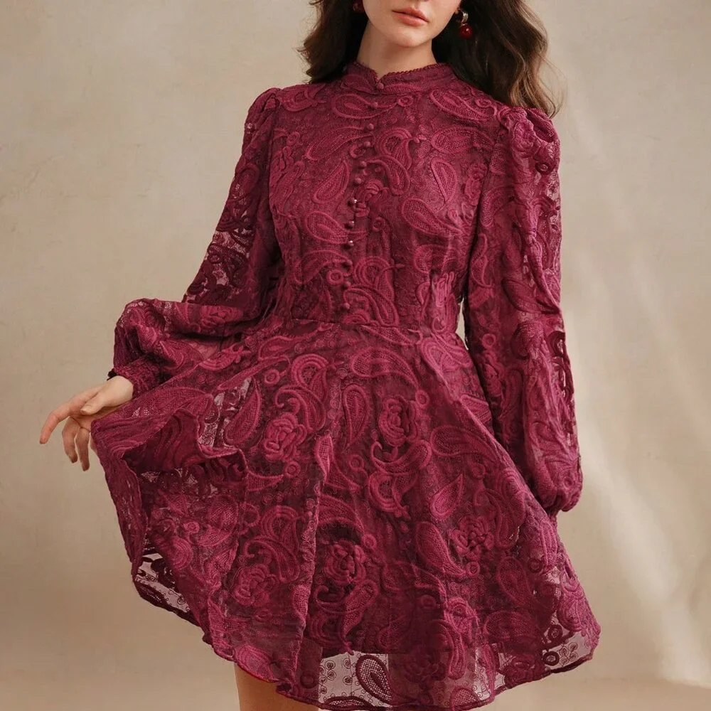 Burgundy Elegant Women's Floral Mesh Lantern Sleeve Dress - Picture 6 of 6